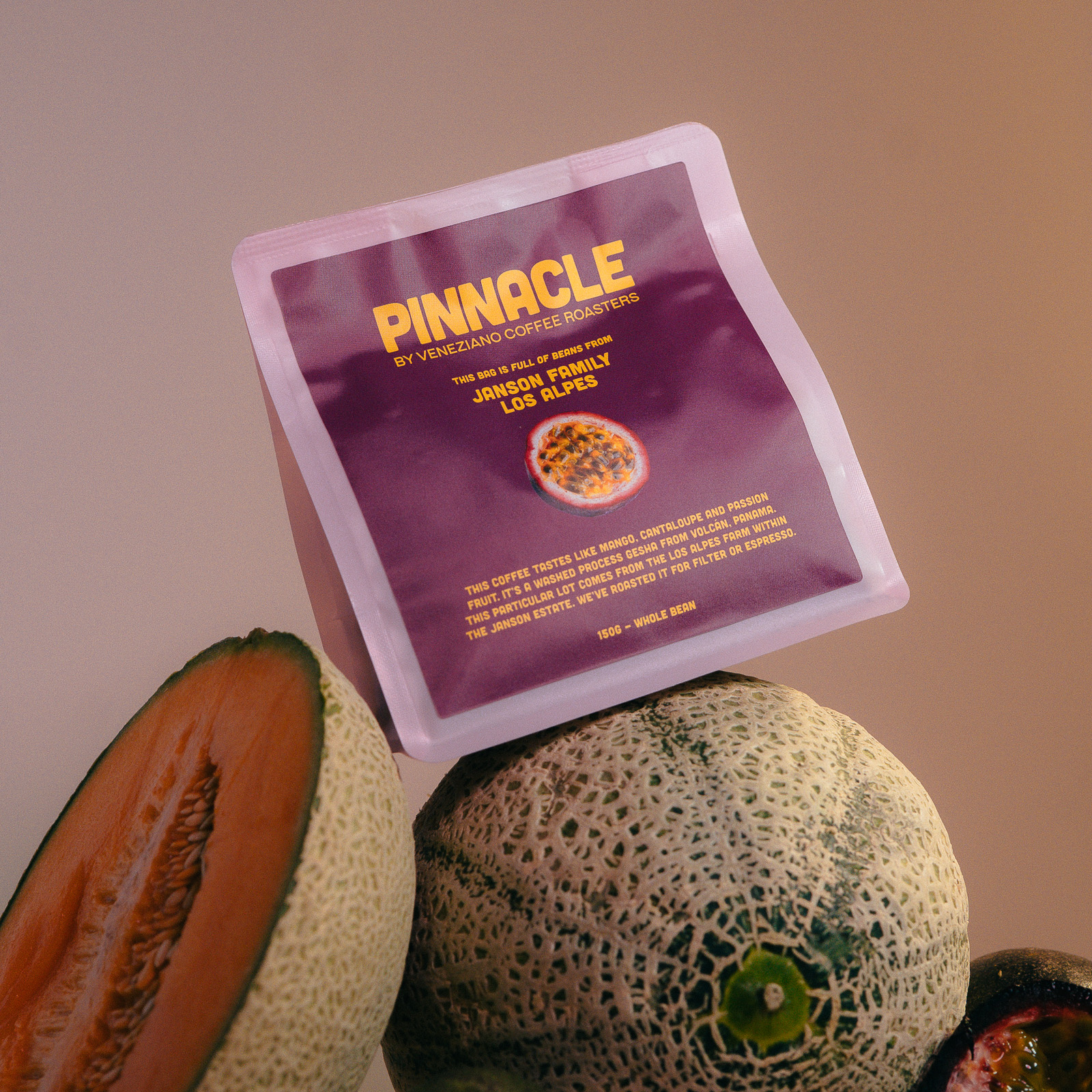 Pinnacle coffee bag with cantaloupe on a gradient background