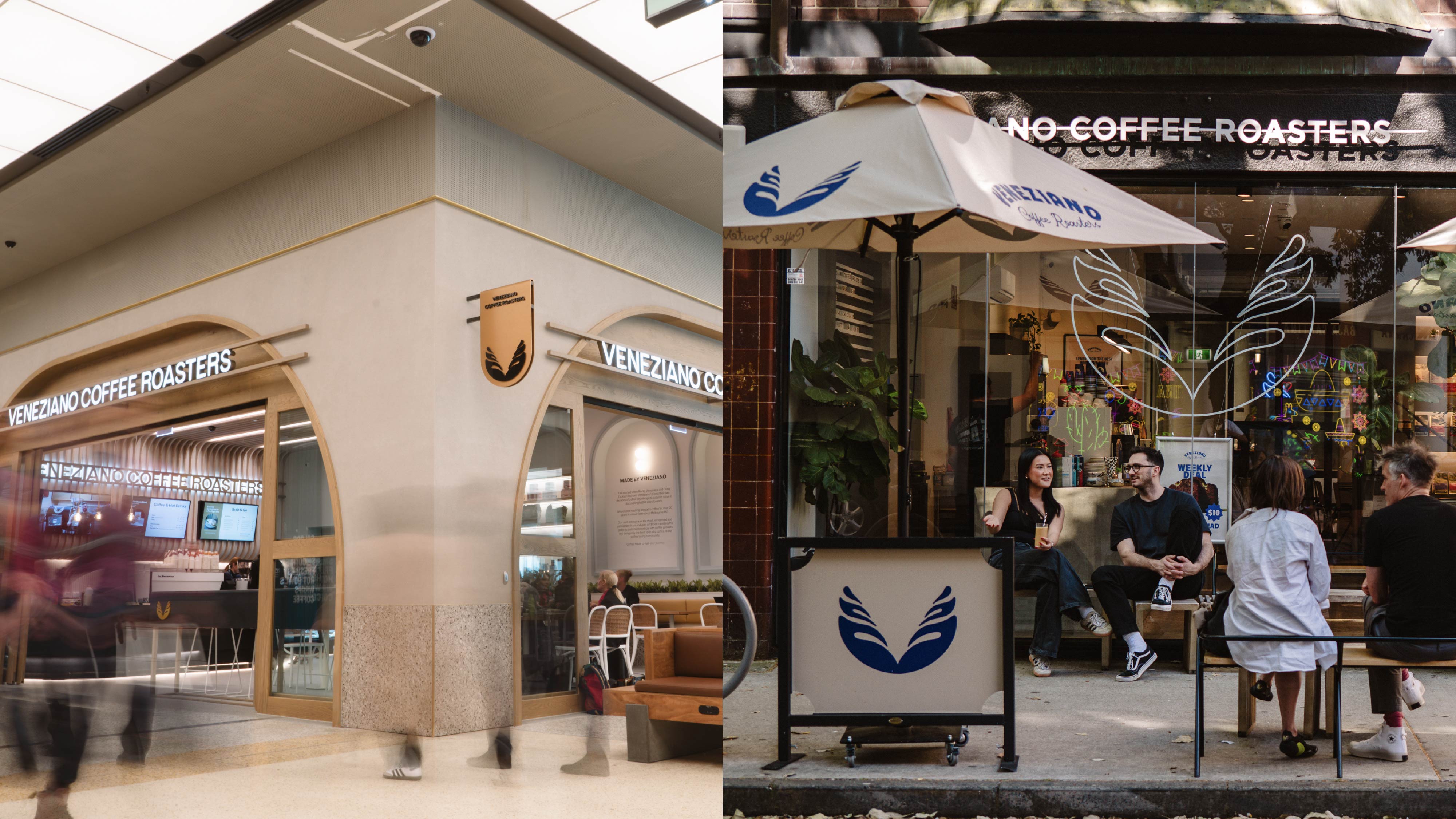 A split-screen view of a coffee roastery storefront and outdoor seating area. The left side shows the beige building facade with large windows and signage, while the right side shows people sitting under branded umbrellas at the patio with tables and a visible 'No Coffee Roasters' sign above.